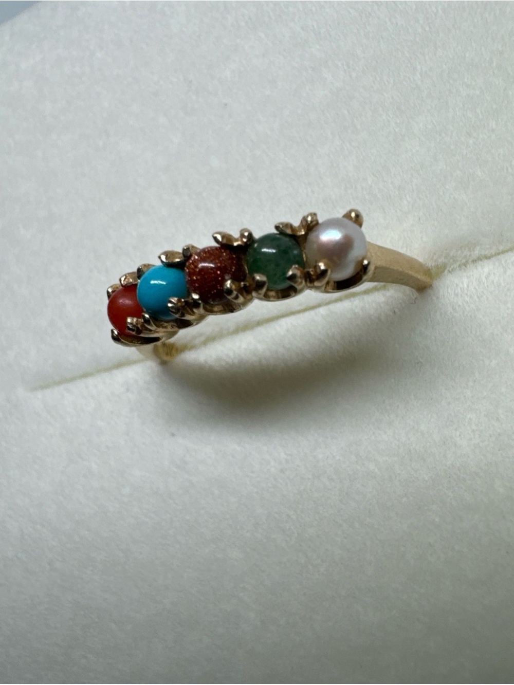VTG BEAUTIFUL 10K YELLOW GOLD MULTI STONE TURQUOISE PEARL JADE RING SIZE 5.75 - Picture 4 of 15